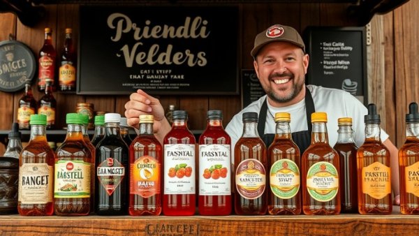 Vendor at Precision Syrups Michigan booth with syrup display.