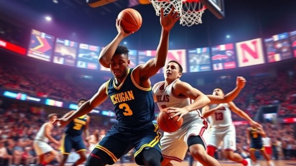 Michigan vs Nebraska NCAA Tournament players in action on court.