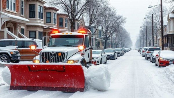 Snowplow clearing snow on Staten Island street during heavy snowfall.