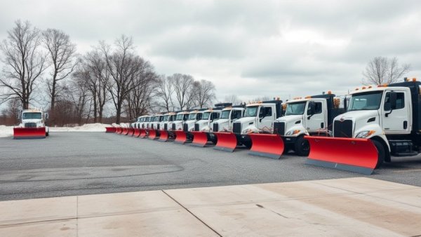Trucks with plows ready for snow removal services in Muskegon.