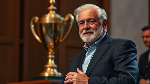 Honoree at martial arts event with warrior cup trophy.