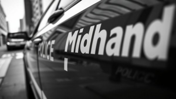 Midland police car door with reflective lettering on quiet street.