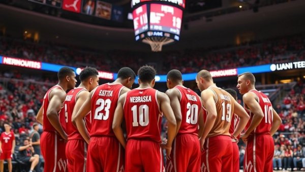 Nebraska Cornhuskers Basketball team huddling during a 2026 game.