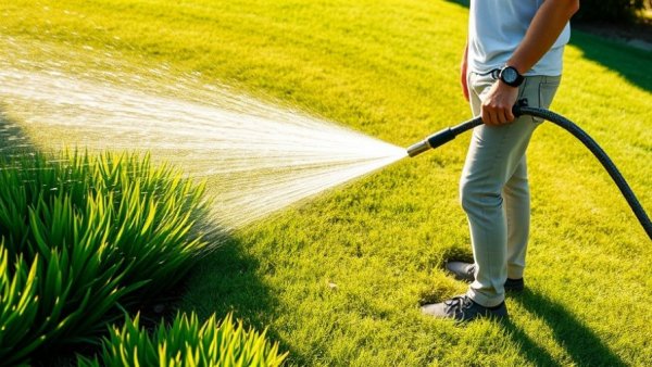 Man watering lawn for fertilization and weed control service.