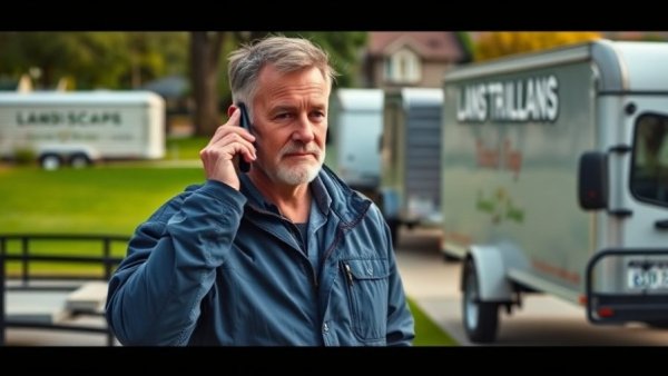 Landscape worker on phone next to trailers, showcasing Commercial Auto Insurance for Landscaping Businesses.