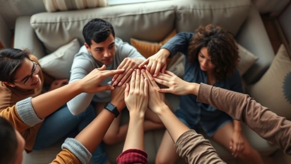 Hands unified in support symbolizing team-based management in condo staffing.
