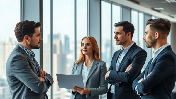 Business team discussing AI marketing challenges in a modern office.