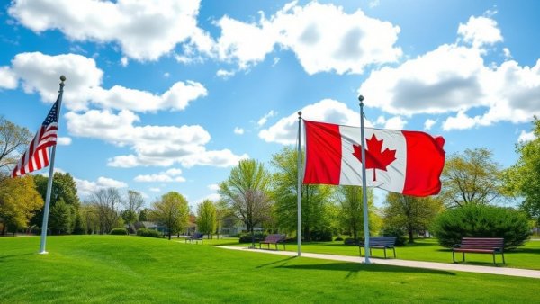 American and Canadian flags in a peaceful park setting, showcasing Canadian travel sentiment towards Michigan tourism.
