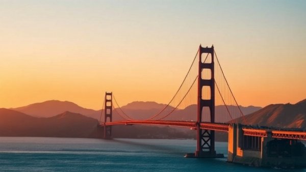 Golden Gate Bridge at sunset with warm tones and serene waters.
