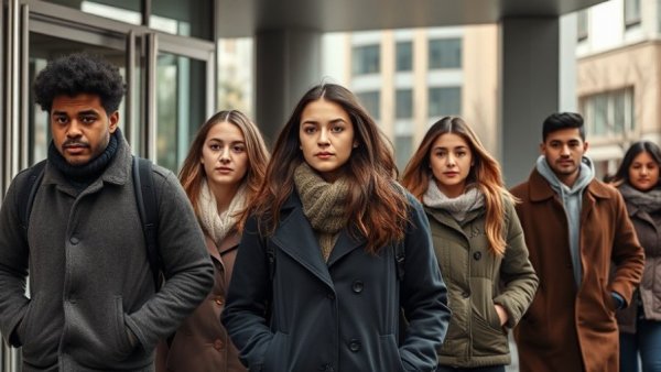 Diverse students walk out of a building, reflecting on travel bans.