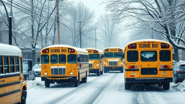 Michigan school snow days with buses in winter storm.