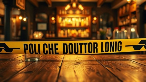 Police line tape across a wooden table in a dimly lit bar.