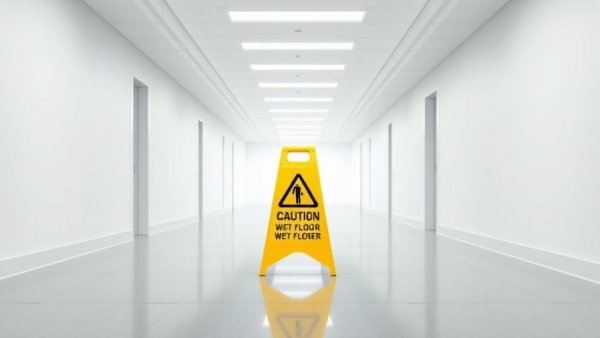 Yellow caution sign in a hallway, warning of potential slip hazards.