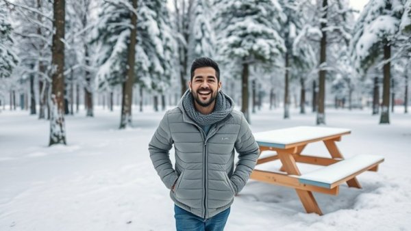Man enjoying winter travel in snowy Michigan landscape.