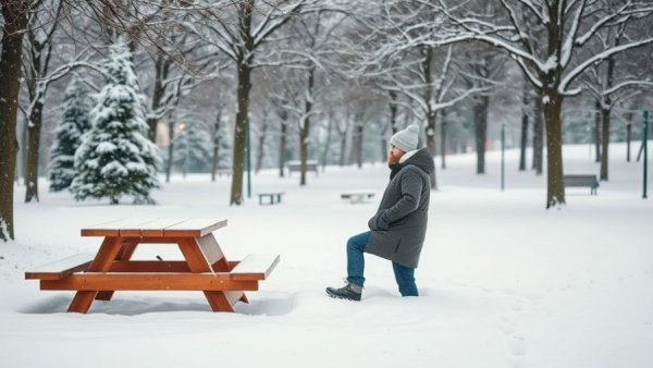 Michigan winter travel with snow-covered picnic table and park.