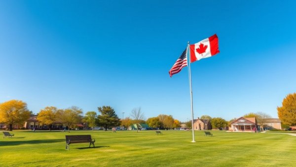 Canadian tourism to Michigan park scene with flags flying.