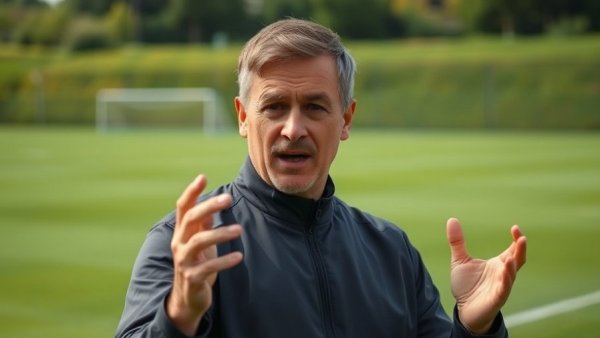 Male soccer coach engaged in discussion on the field.