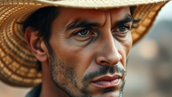 Close-up thoughtful man in hat, detailed features, AI finance startup insights