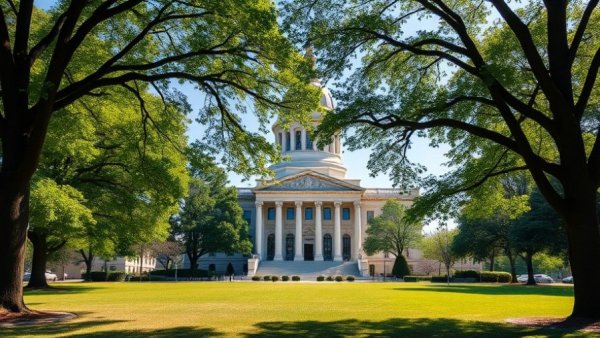 Defence building surrounded by trees under a clear sky.