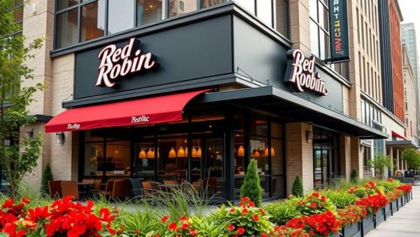Red Robin restaurant exterior with landscaped entrance, value menu at Red Robin