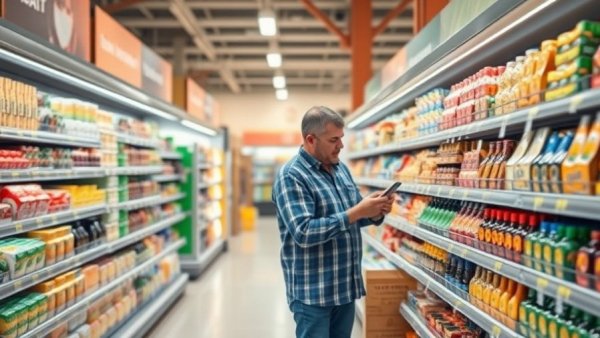 Wide variety on grocery shelves examined by shopper, showing Michigan grocery inflation.