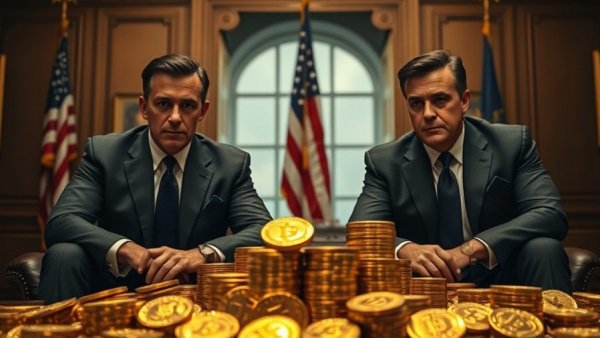 Men in suits investigating cryptocurrency theft with US flag.