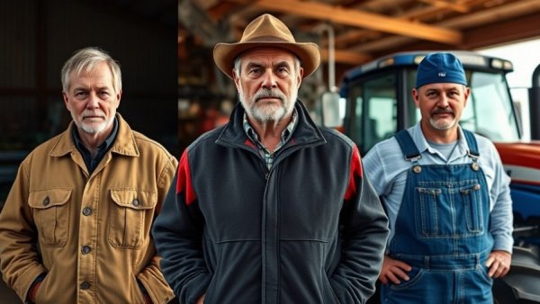 Three farmers in distinct attires representing Michigan agriculture.
