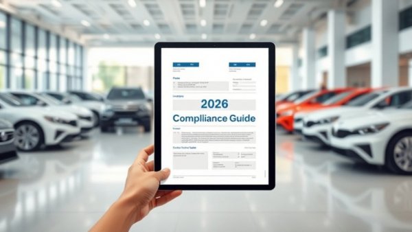 Digital form over tablet displaying compliance guide, modern dealership.