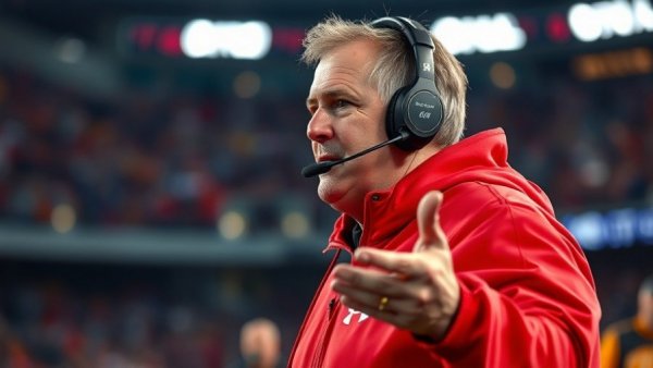NFL coaching candidate in red hoodie gesturing, blurred stadium.