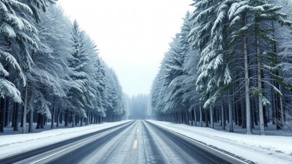 Heavily snow-covered road and trees in Muskegon, hinting at the need for snow removal services.