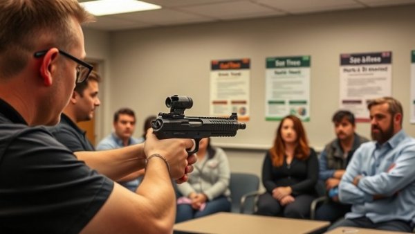 Self-defense training session, instructor demonstrating firearm safety.