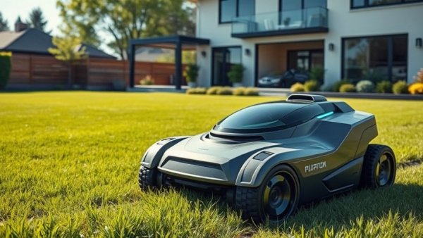 Futuristic robotic lawn mower on a green lawn for lawn care Shelby MI.