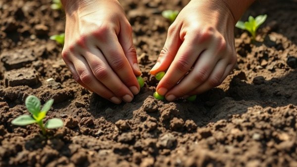 Hands sowing garden peas in soil under daylight; when to direct sow garden peas.