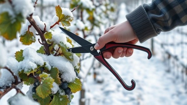 Winter grapevine pruning with snow-covered vines close-up