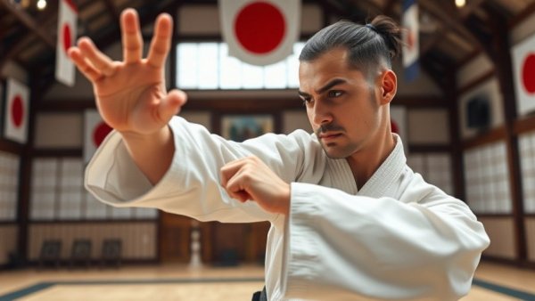 Karate practitioner performing kata in a dojo with a two-tiered approach.