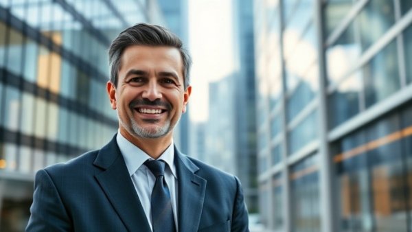 Professional middle-aged man smiling, wealth management and real estate operations.