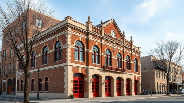 Historic fire station in South Carolina adapted for new use, bright day.
