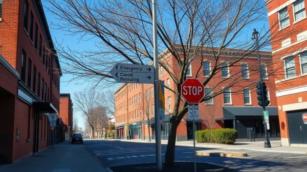 Urban emergency sign and buildings on clear day in Detroit.