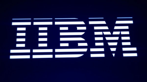 Close-up of IBM logo, highlighting brand design.