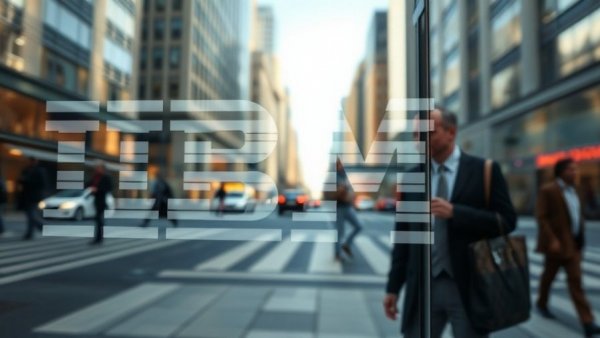 IBM logo reflecting on a window in a busy street, symbolizing AI boosts software demand.