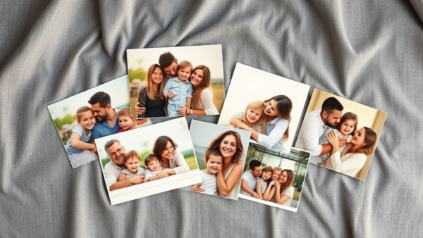 Family photographs showcasing heartwarming memories, on gray fabric background, related to Michigan property rights Supreme Court case.