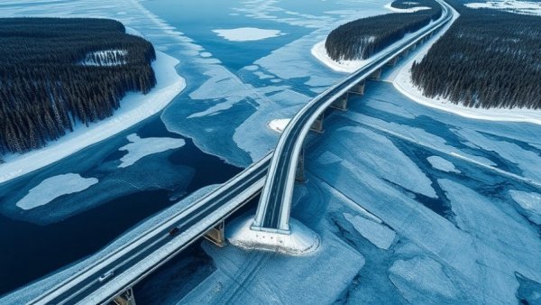 Aerial view of International Ice Bridge between Michigan and Canada.