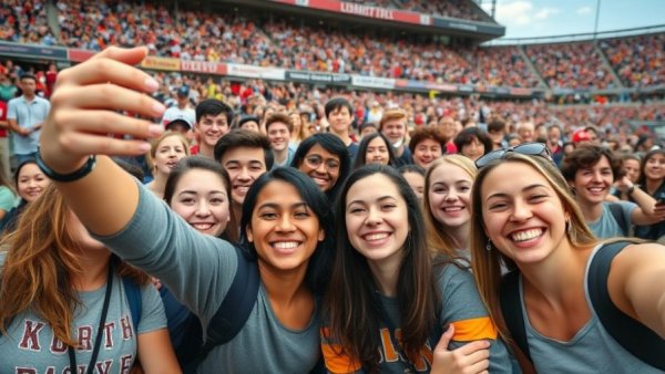 Diverse students enjoying a lively college football game.
