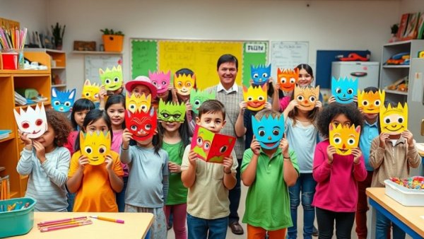 Children with colorful masks in Ypsilanti Future History project.