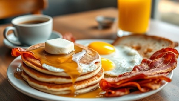 Classic breakfast with pancakes and coffee at Denny's.