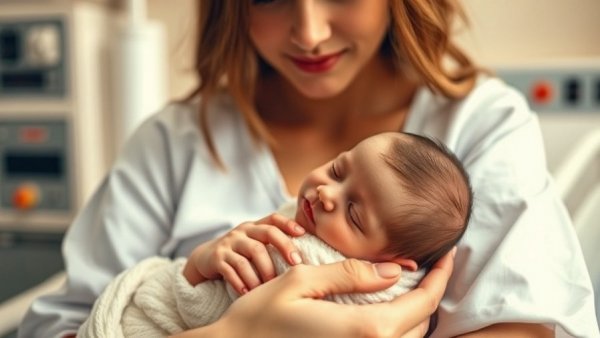Mother holding a newborn baby in a hospital room, close-up.