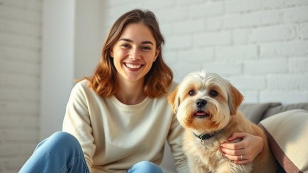Smiling woman with small dog in bright room, membership model pet care.