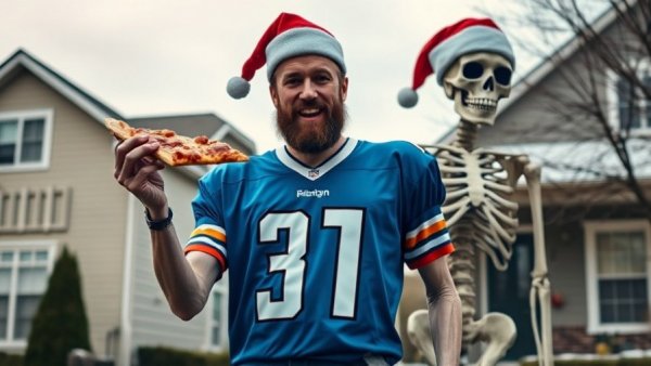 Man with pizza in front of Michigan home with skeleton decoration.