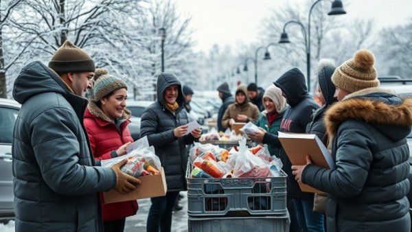 Community distributing supplies at the Edenville food drive in winter.