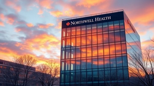Sunset reflection on Northwell Health building glass facade